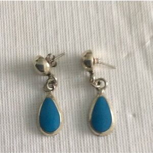 Tear Drop Turquoise Stone Sliver marked 925 Pierced Earrings  #5